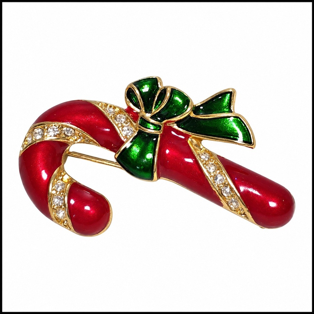NRT Christmas Candy Cane Brooch Red Green Enamel Rhinestone Gold Tone Pin